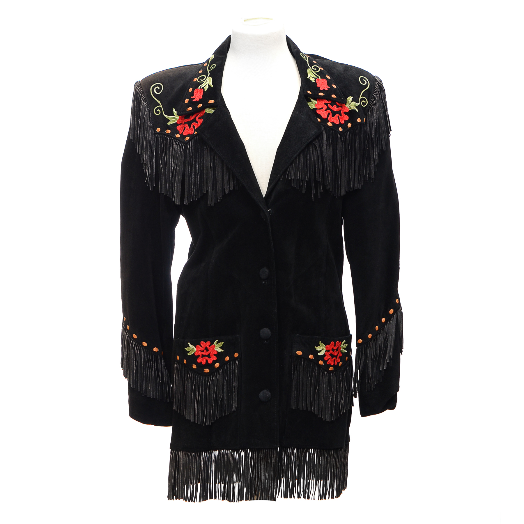 Char of Santa Fe, New Mexico Embroidered Black Suede Leather Coat with Fringe