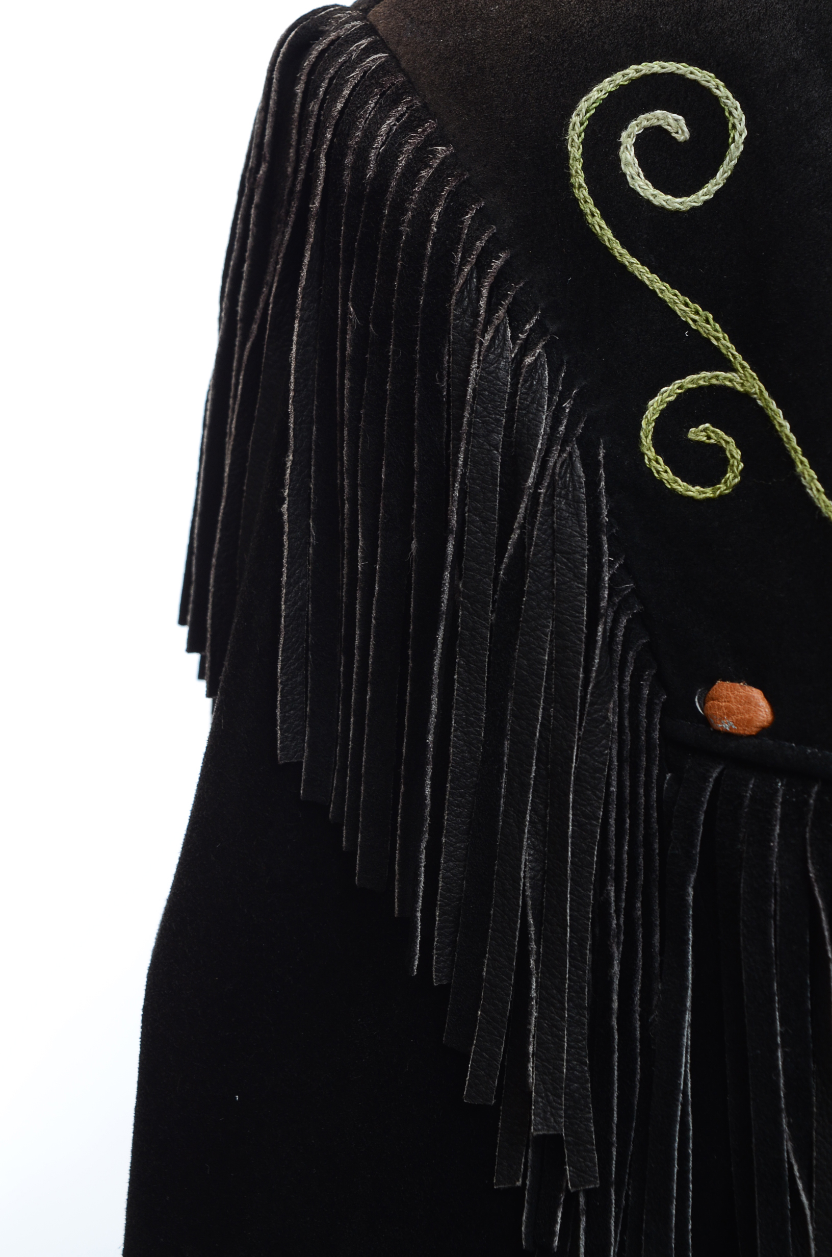 Char of Santa Fe, New Mexico Embroidered Black Suede Leather Coat with Fringe
