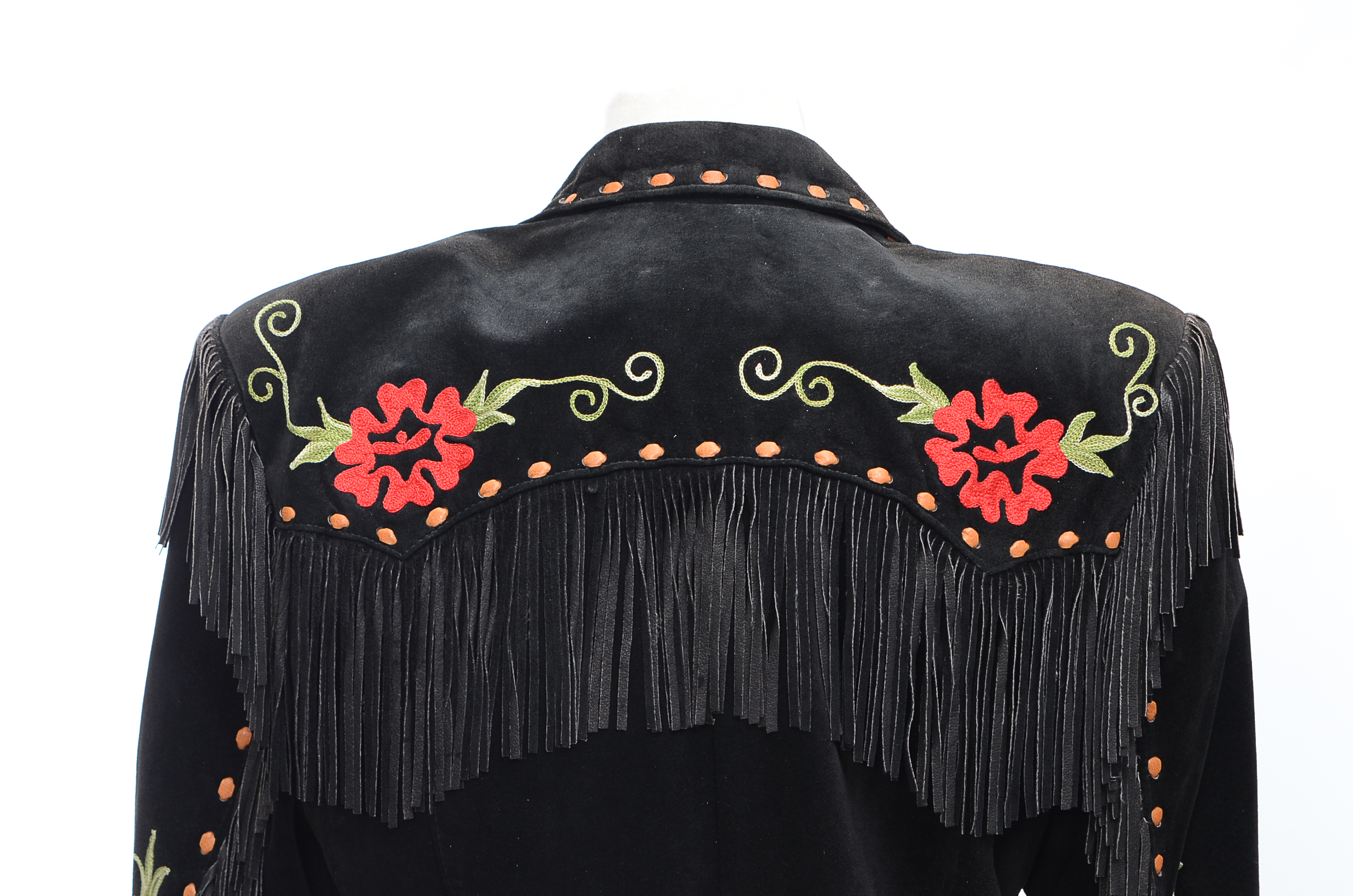 Char of Santa Fe, New Mexico Embroidered Black Suede Leather Coat with Fringe