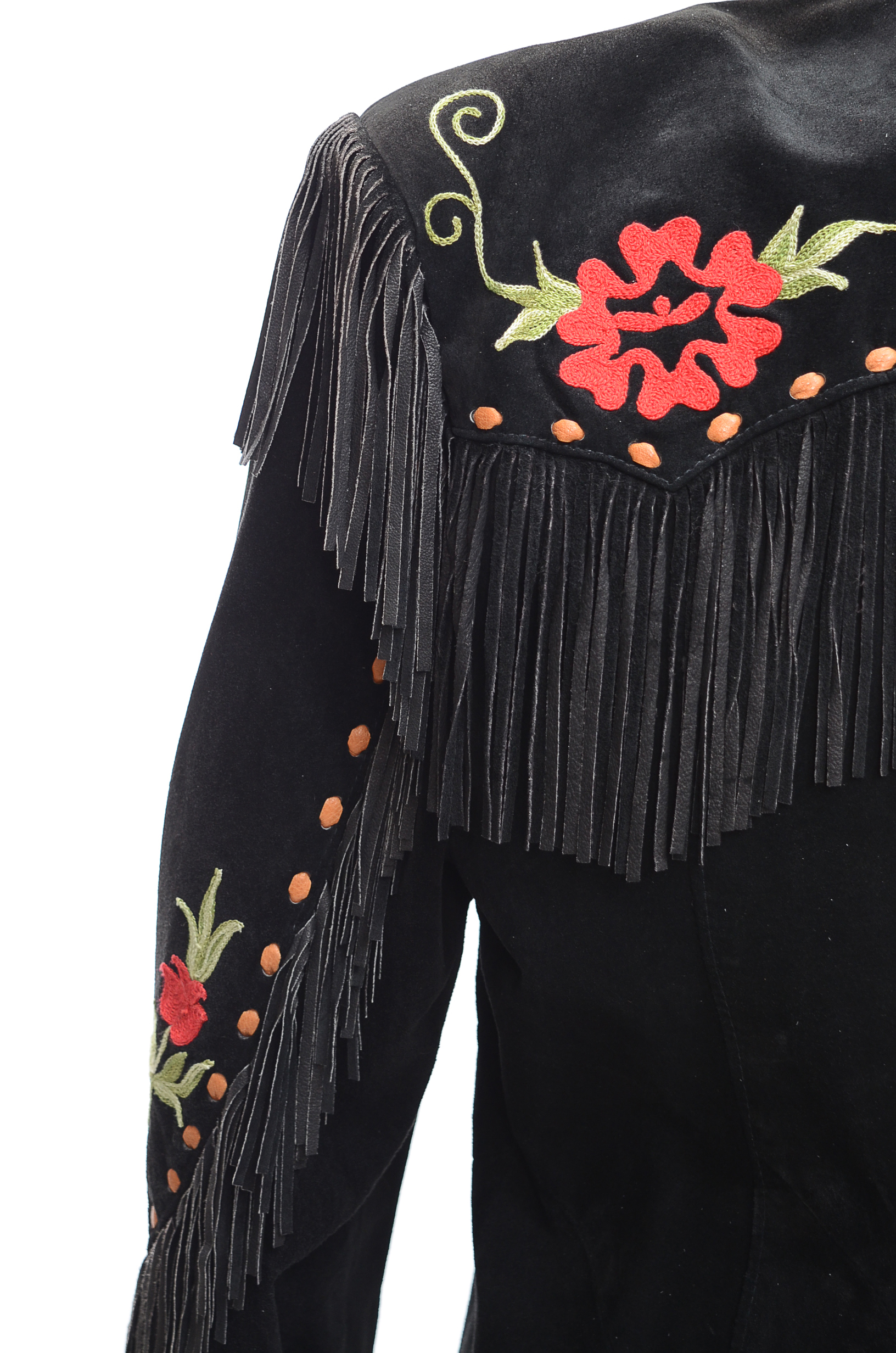 Char of Santa Fe, New Mexico Embroidered Black Suede Leather Coat with Fringe