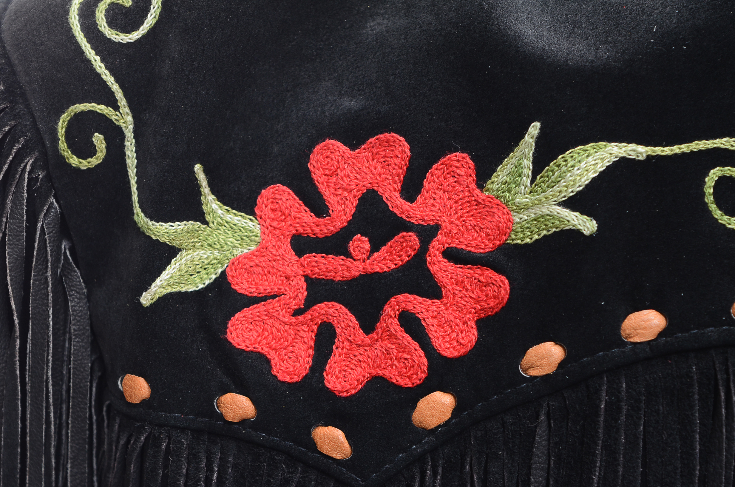 Char of Santa Fe, New Mexico Embroidered Black Suede Leather Coat with Fringe