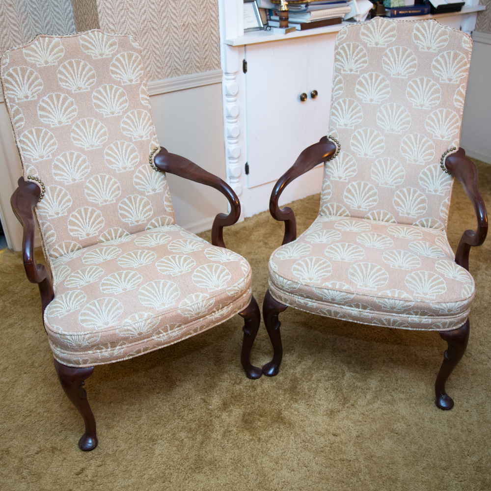 Queen Anne Style Hickory Upholstered Armchairs with Shell Motifs