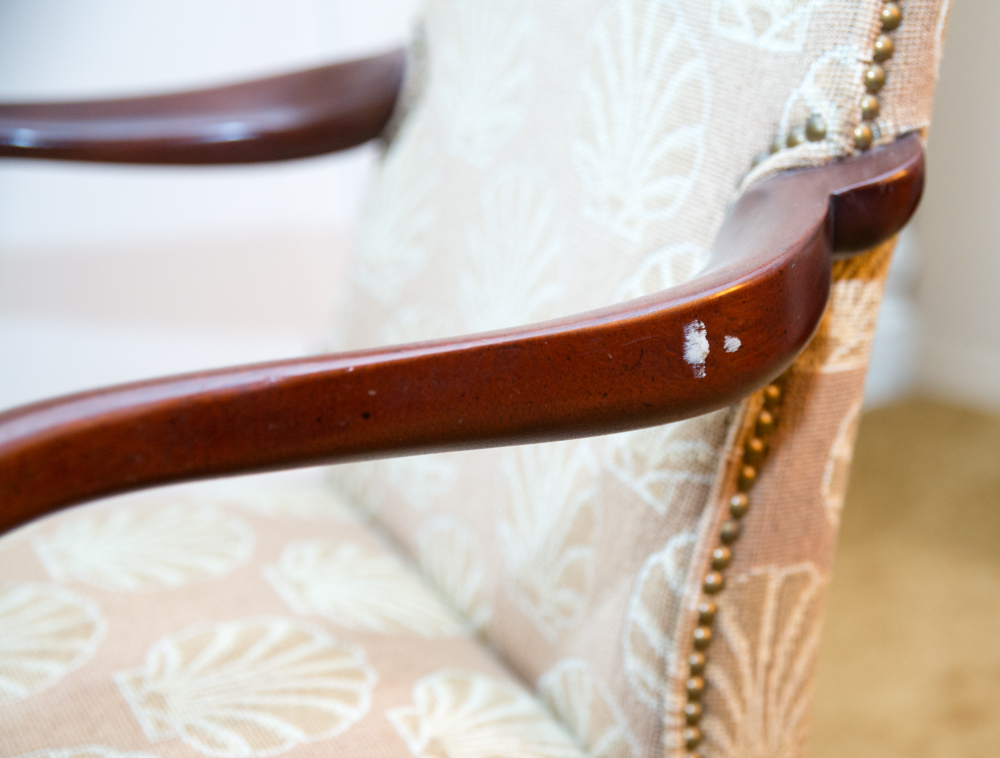 Queen Anne Style Hickory Upholstered Armchairs with Shell Motifs