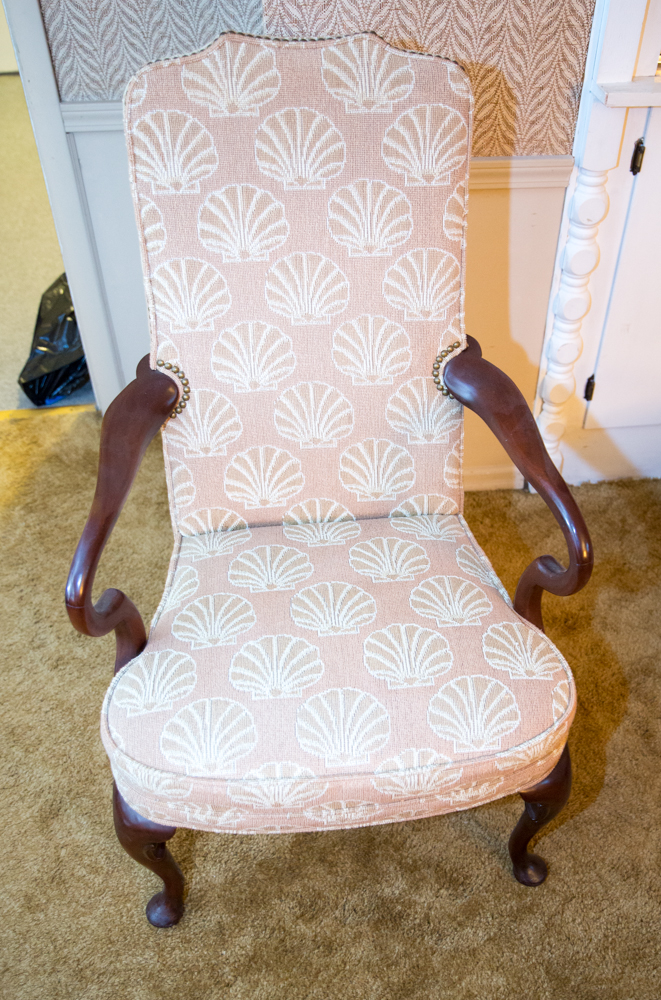 Queen Anne Style Hickory Upholstered Armchairs with Shell Motifs