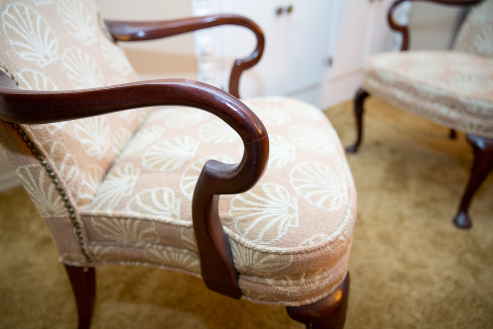 Queen Anne Style Hickory Upholstered Armchairs with Shell Motifs