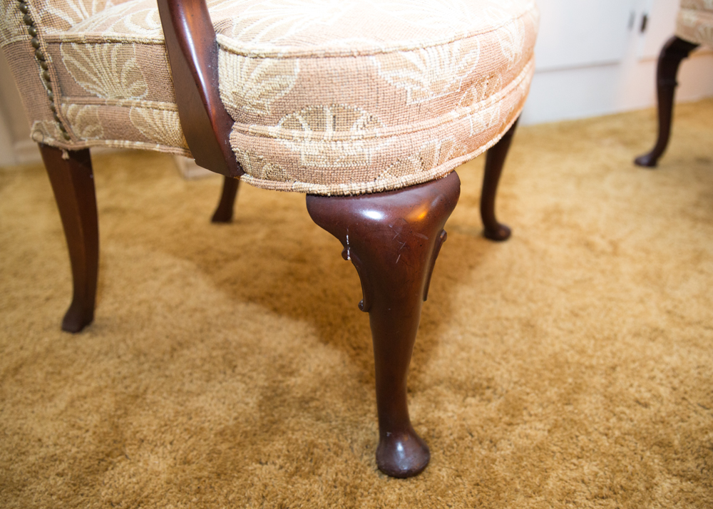 Queen Anne Style Hickory Upholstered Armchairs with Shell Motifs