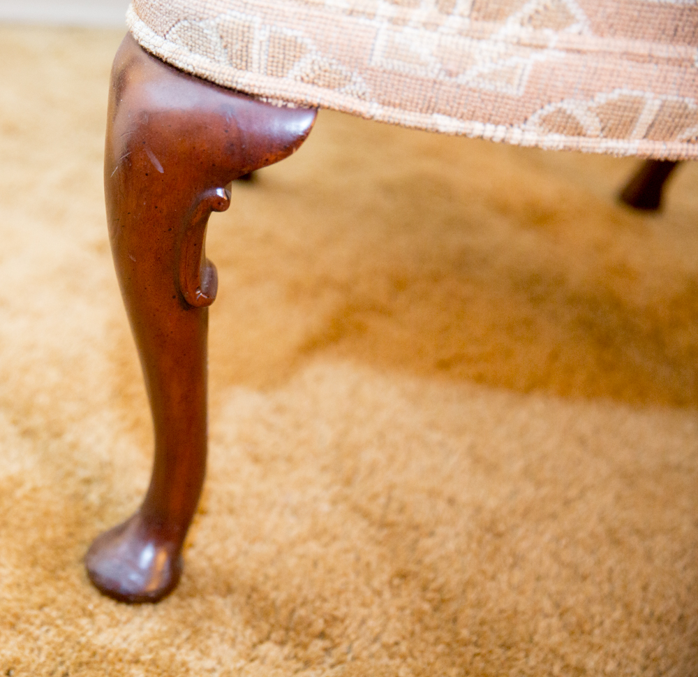 Queen Anne Style Hickory Upholstered Armchairs with Shell Motifs