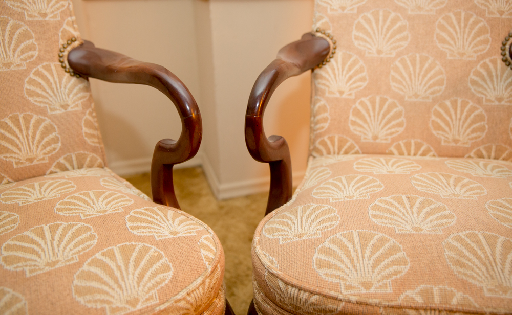 Queen Anne Style Hickory Upholstered Armchairs with Shell Motifs
