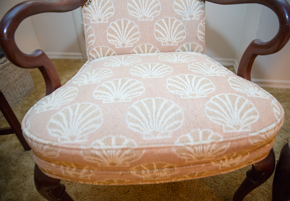 Queen Anne Style Hickory Upholstered Armchairs with Shell Motifs