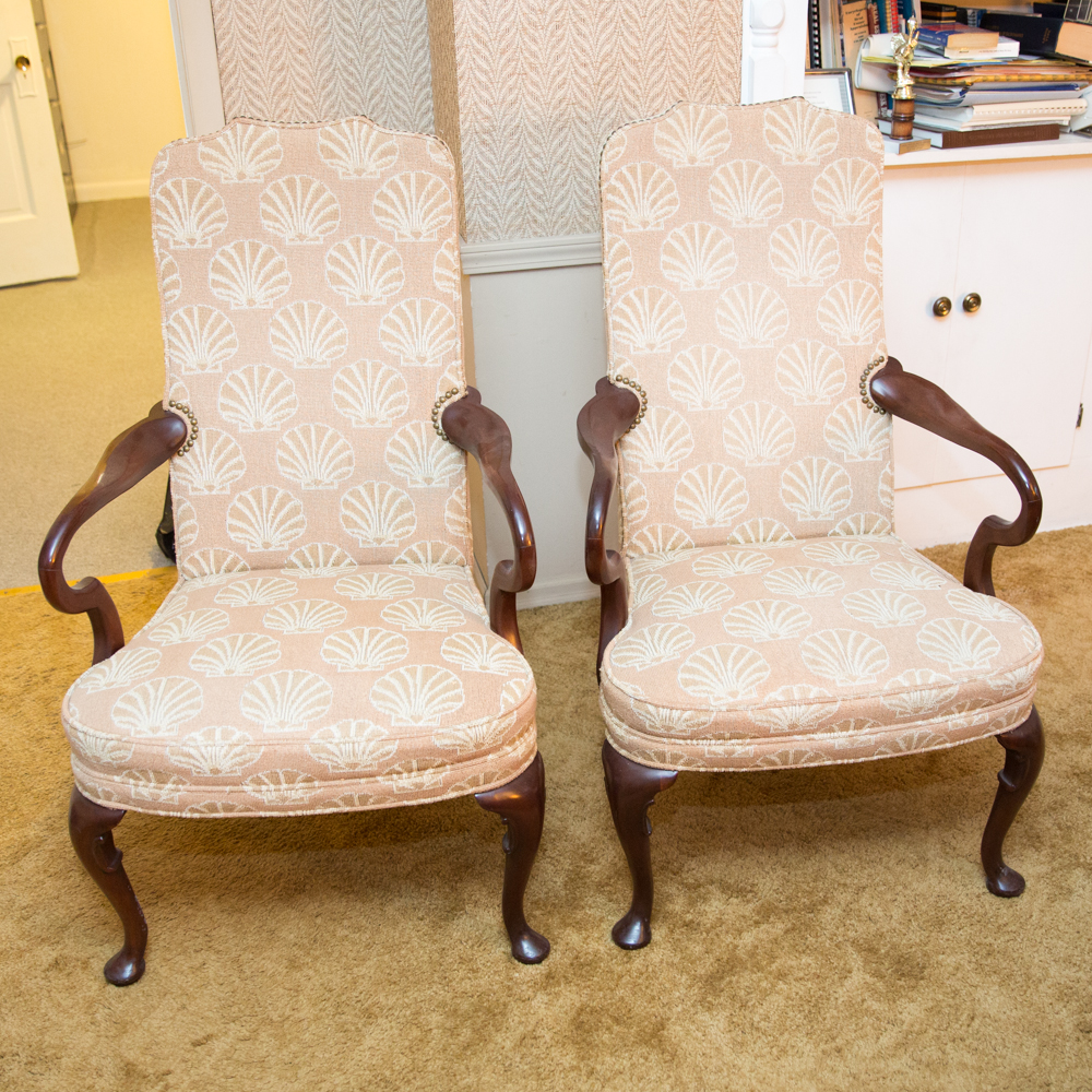 Queen Anne Style Hickory Upholstered Armchairs with Shell Motifs