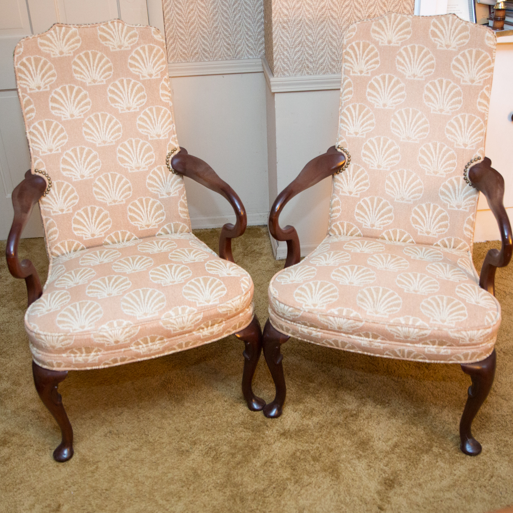 Queen Anne Style Hickory Upholstered Armchairs with Shell Motifs