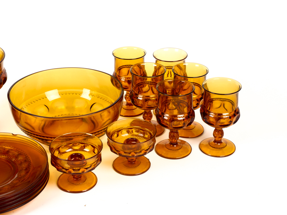 Set of Vintage Indiana King's Crown Thumbprint Amber Depression Glass