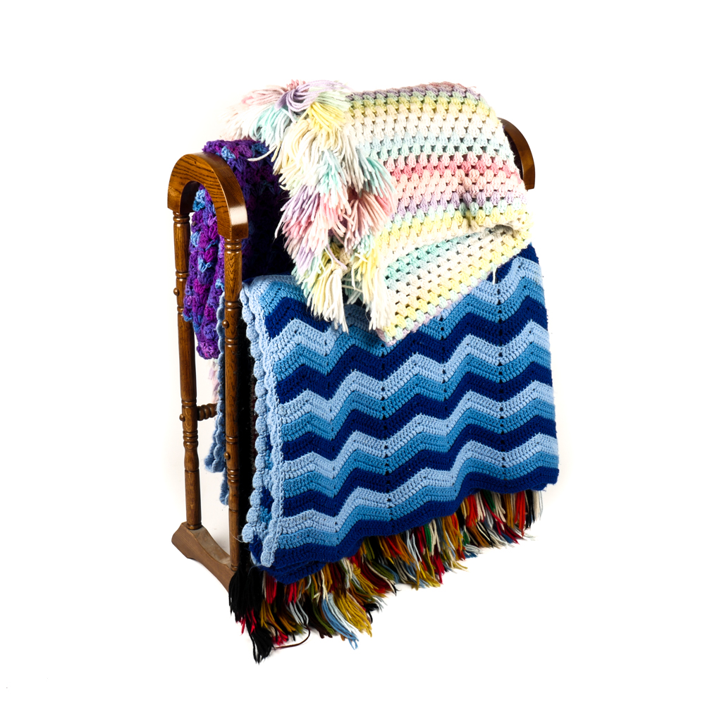 Vintage Quilt Rack with Handmade Afghans