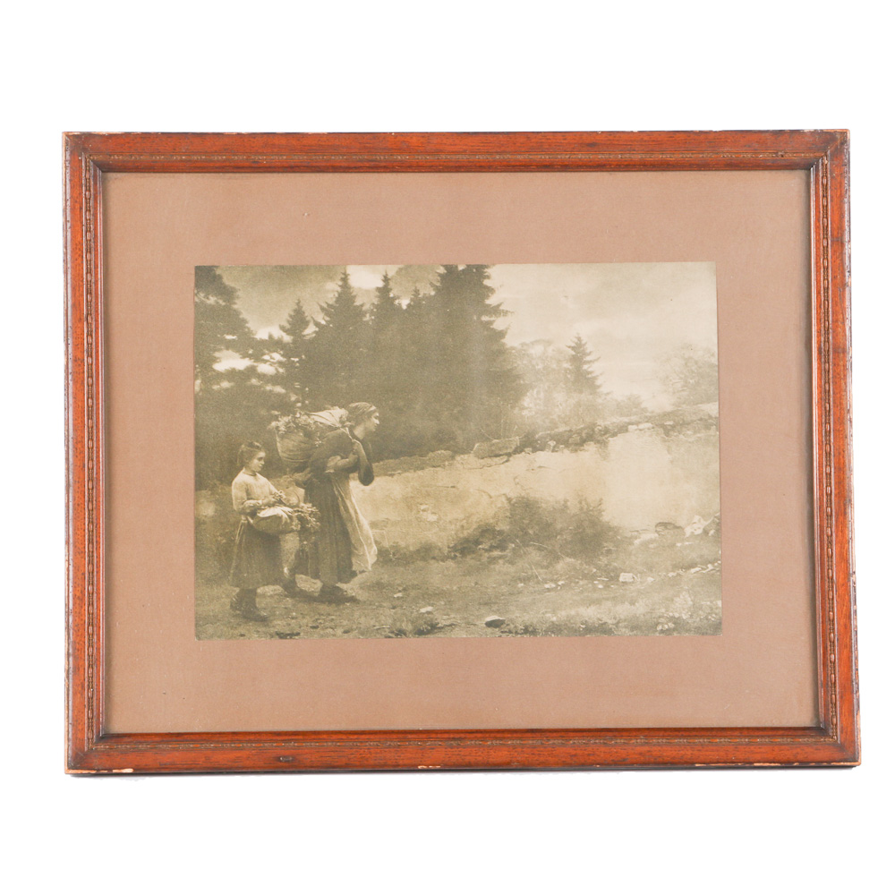 Vintage Print of Bäuerin mit Tochter bei der Heimkehr von der Fut