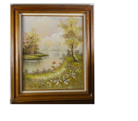 C. Manning Original Landscape Painting of Little Girl Picking Flowers