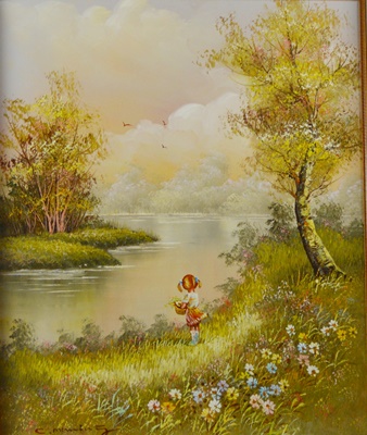 C. Manning Original Landscape Painting of Little Girl Picking Flowers