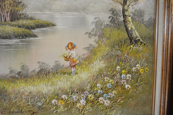 C. Manning Original Landscape Painting of Little Girl Picking Flowers