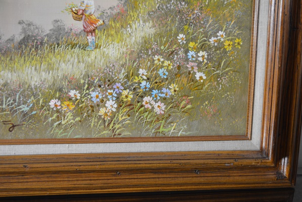 C. Manning Original Landscape Painting of Little Girl Picking Flowers