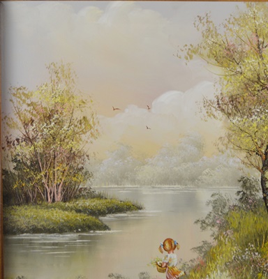 C. Manning Original Landscape Painting of Little Girl Picking Flowers