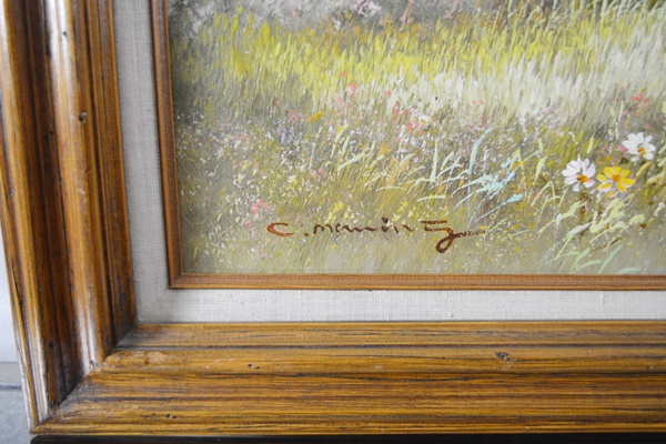 C. Manning Original Landscape Painting of Little Girl Picking Flowers