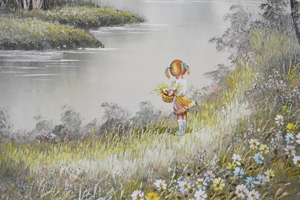 C. Manning Original Landscape Painting of Little Girl Picking Flowers