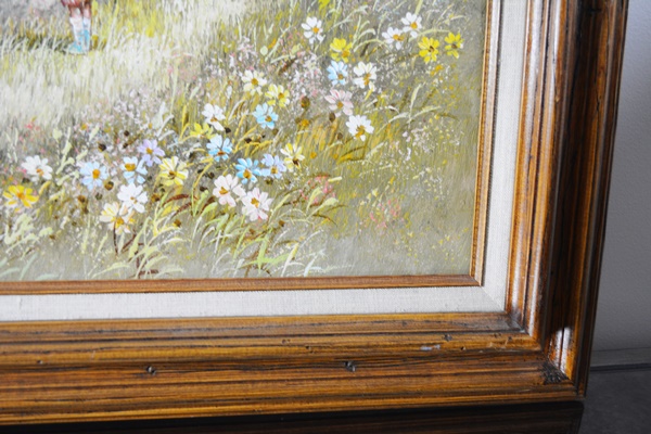 C. Manning Original Landscape Painting of Little Girl Picking Flowers