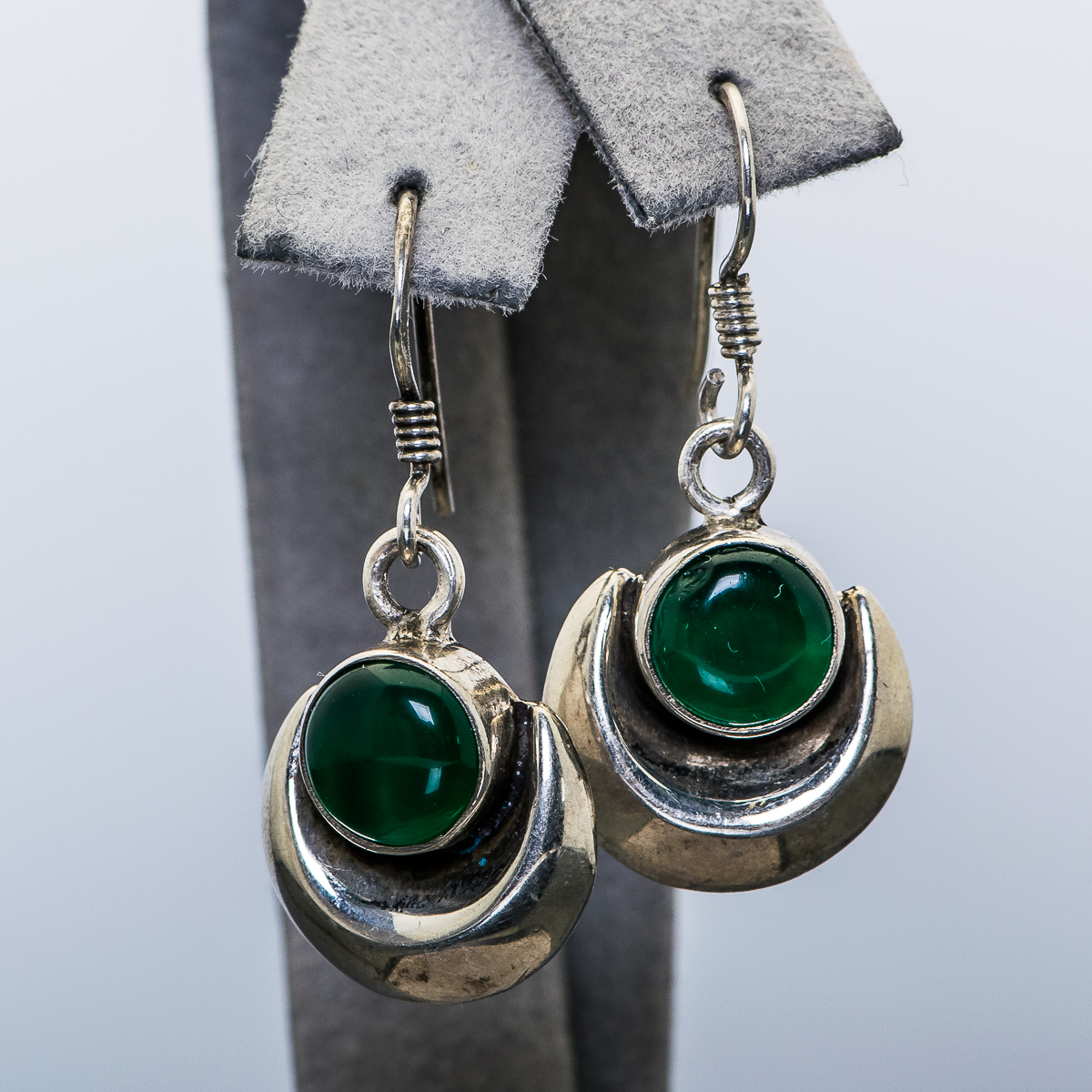 Silver-Tone and Green Stone Dangle Earrings