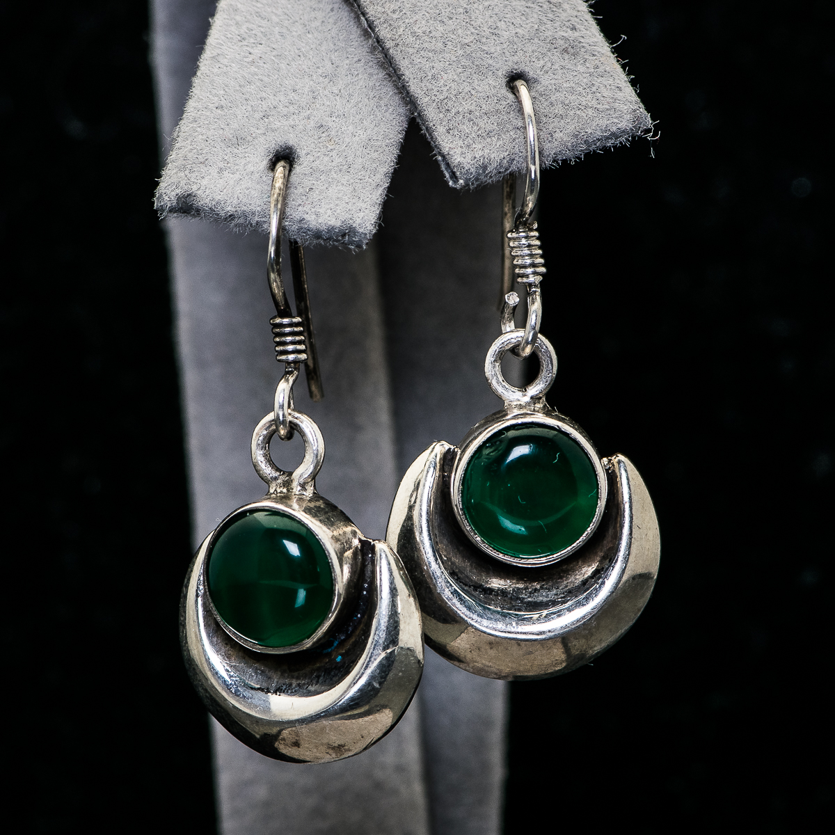 Silver-Tone and Green Stone Dangle Earrings