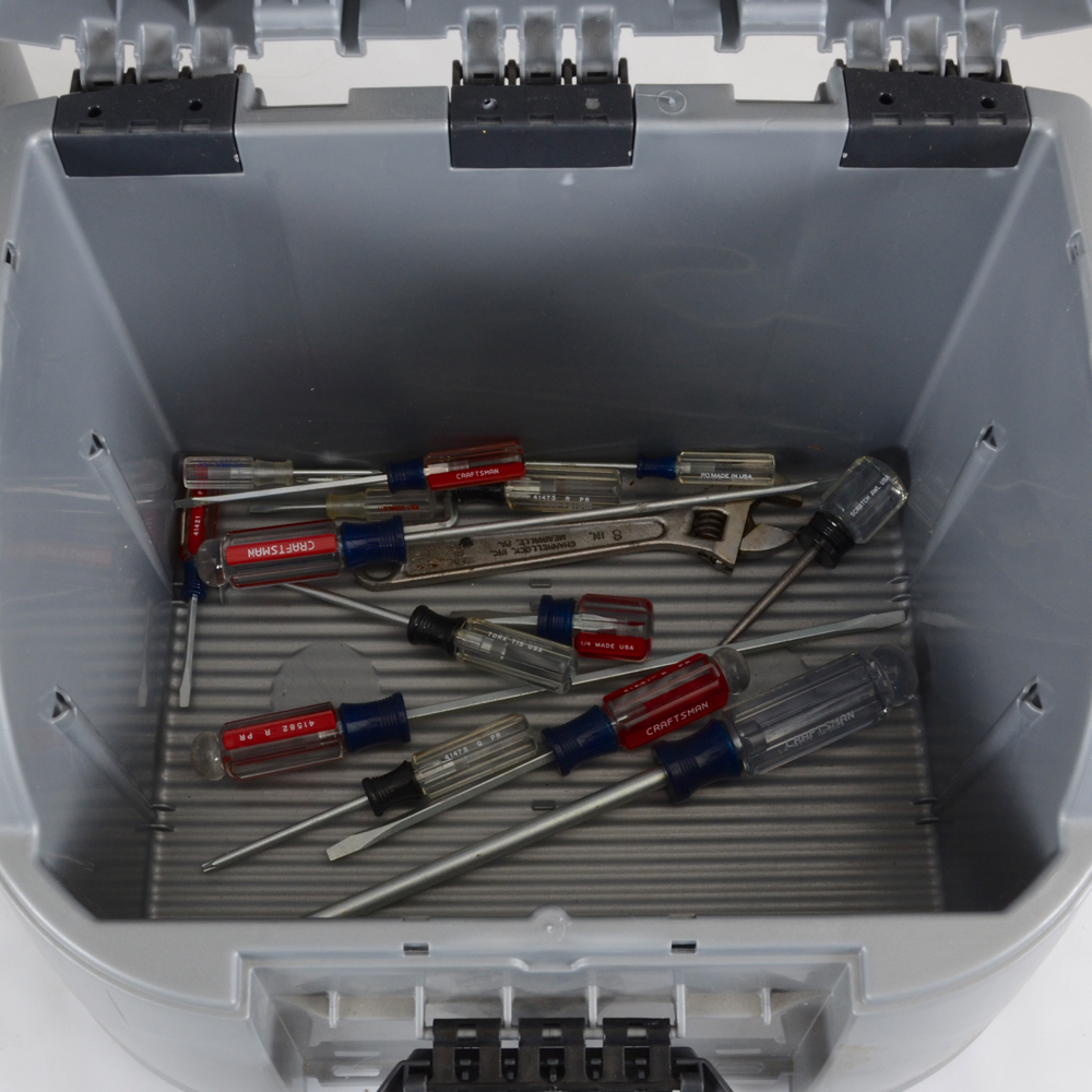 Stanley Tool Storage Caddy with Tool Sharpeners and Spotlight