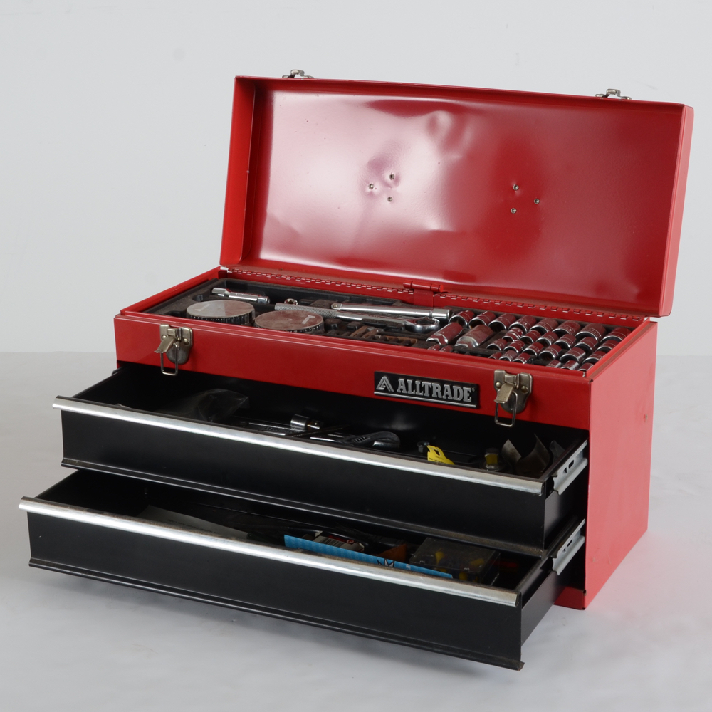 Shop Force Air Compressor and Mini Drill Press with Alltrade Tool Chest