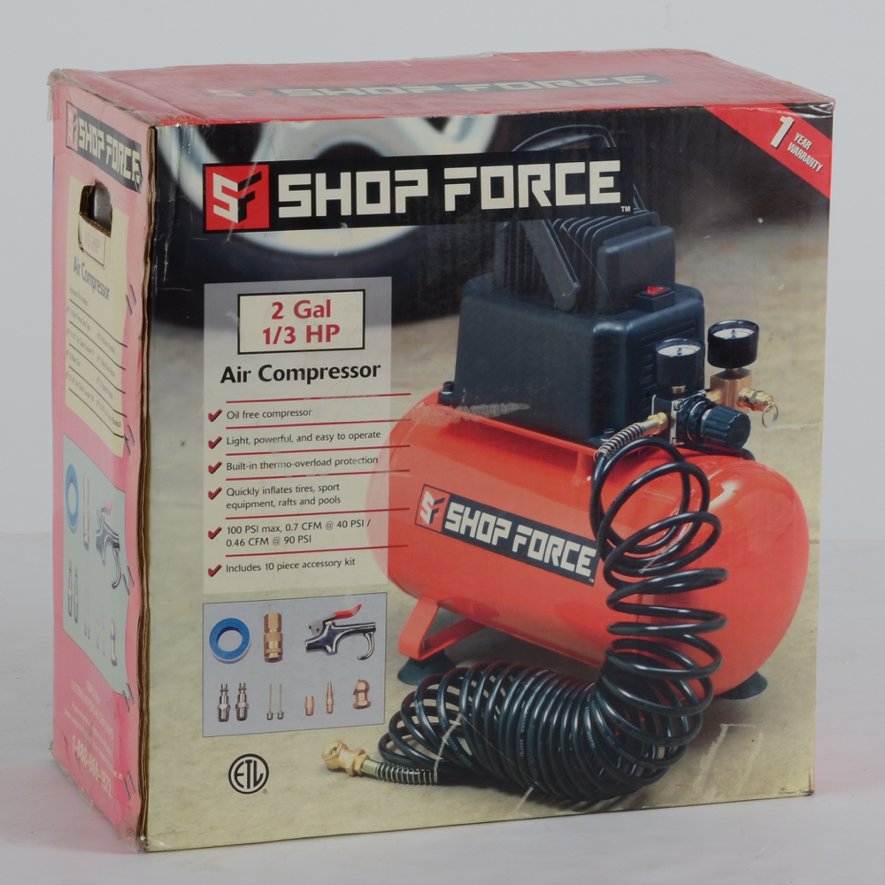 Shop Force Air Compressor and Mini Drill Press with Alltrade Tool Chest