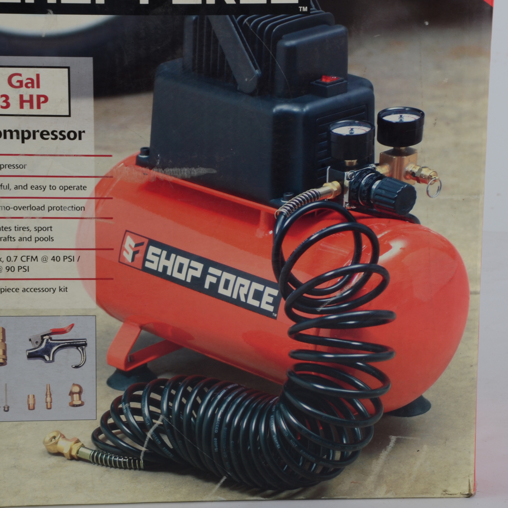 Shop Force Air Compressor and Mini Drill Press with Alltrade Tool Chest