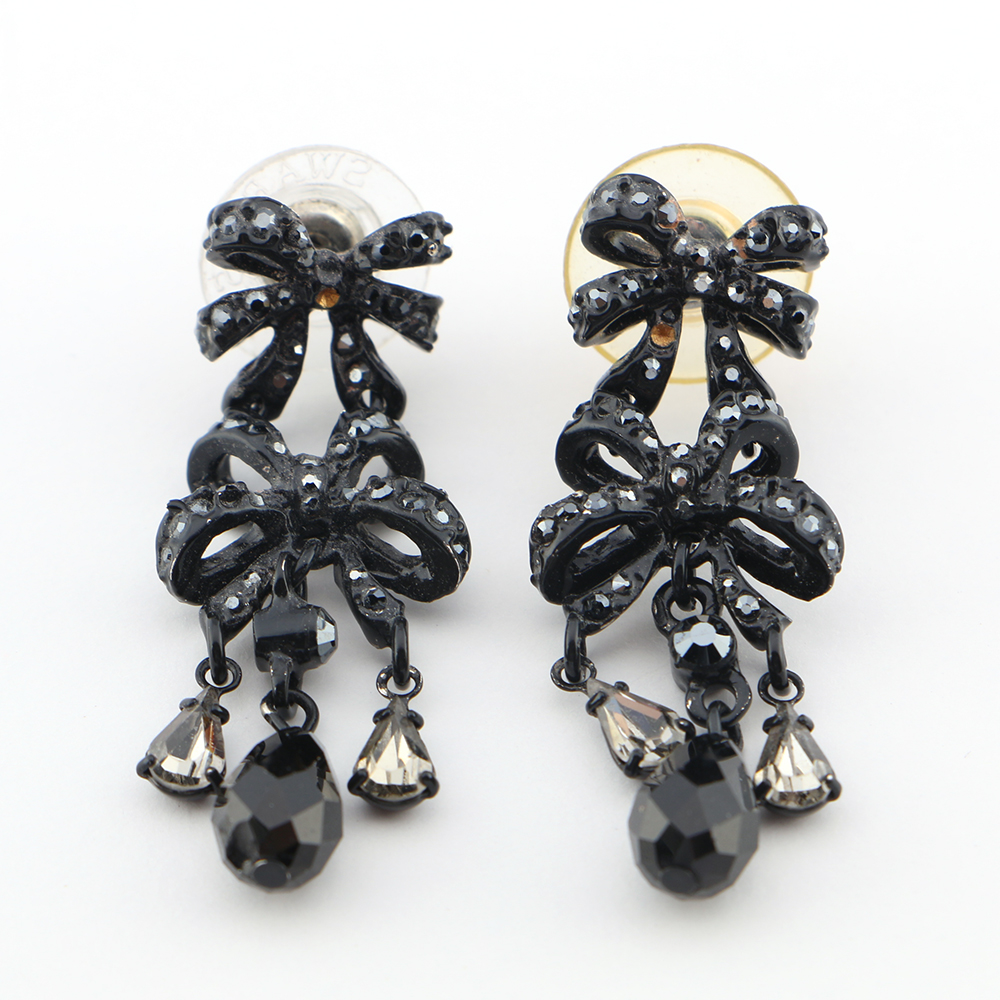 St. John Black Dual Bow Crystal Dangle Earrings