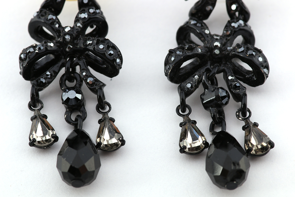 St. John Black Dual Bow Crystal Dangle Earrings