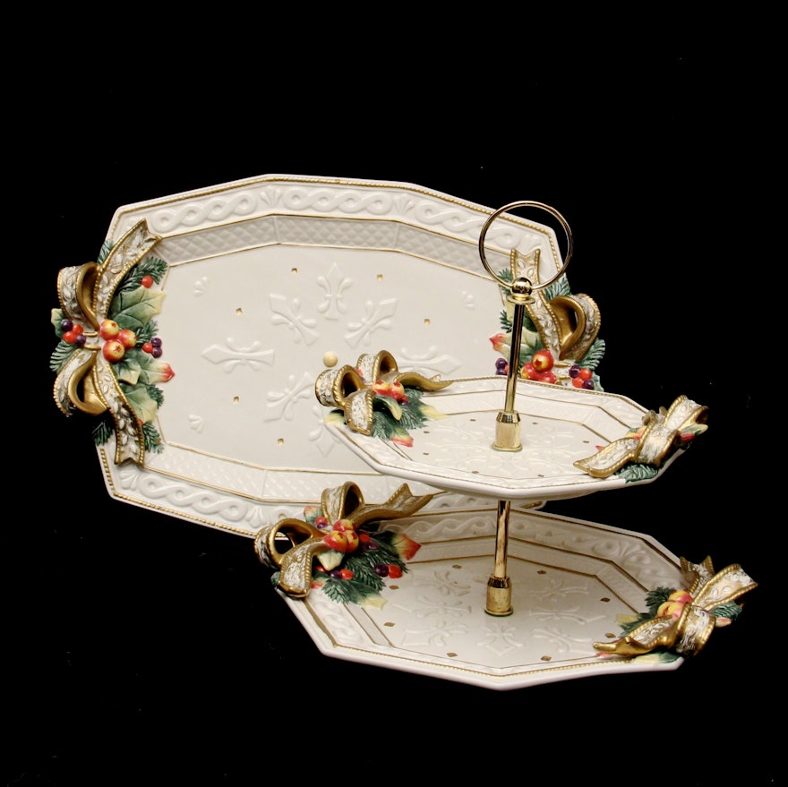 A Fitz and Floyd Christmas Platter and Two-Tiered Serving Tray