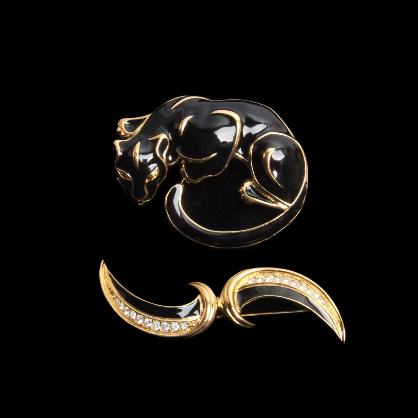 Trifari Black and Gold Tone Panther and Crescent Costume Brooches