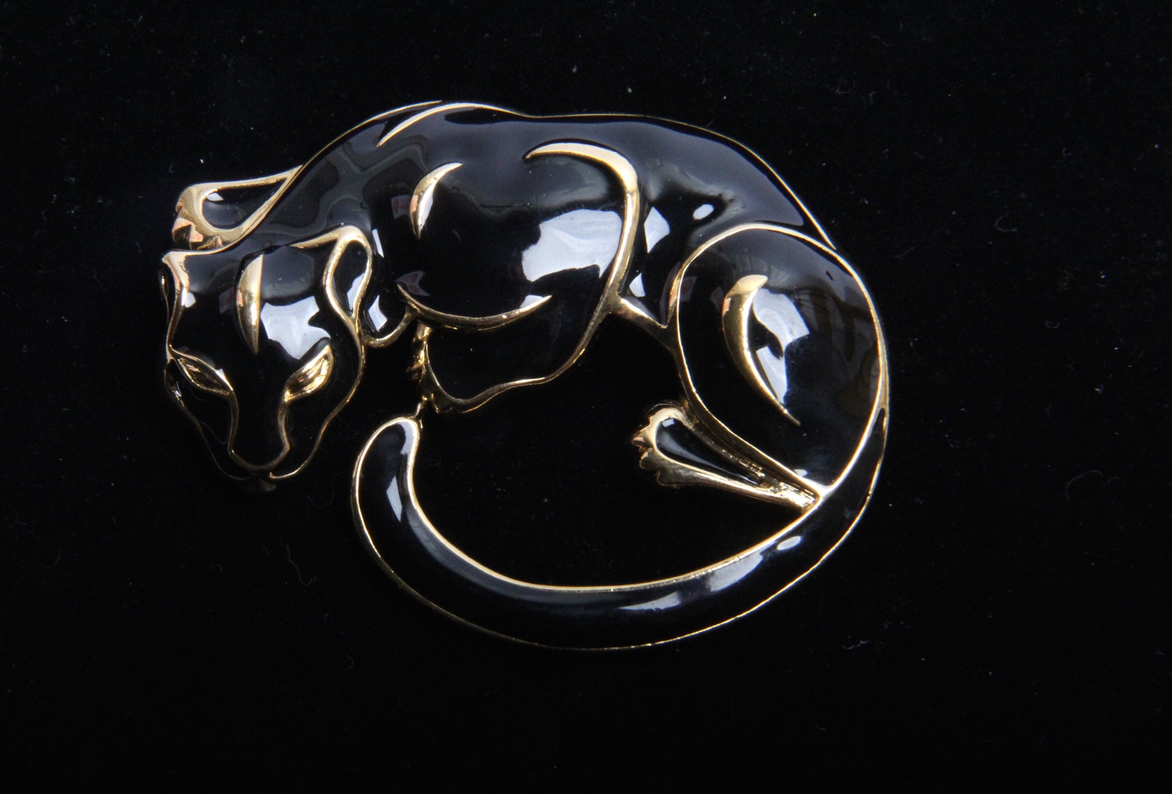 Trifari Black and Gold Tone Panther and Crescent Costume Brooches
