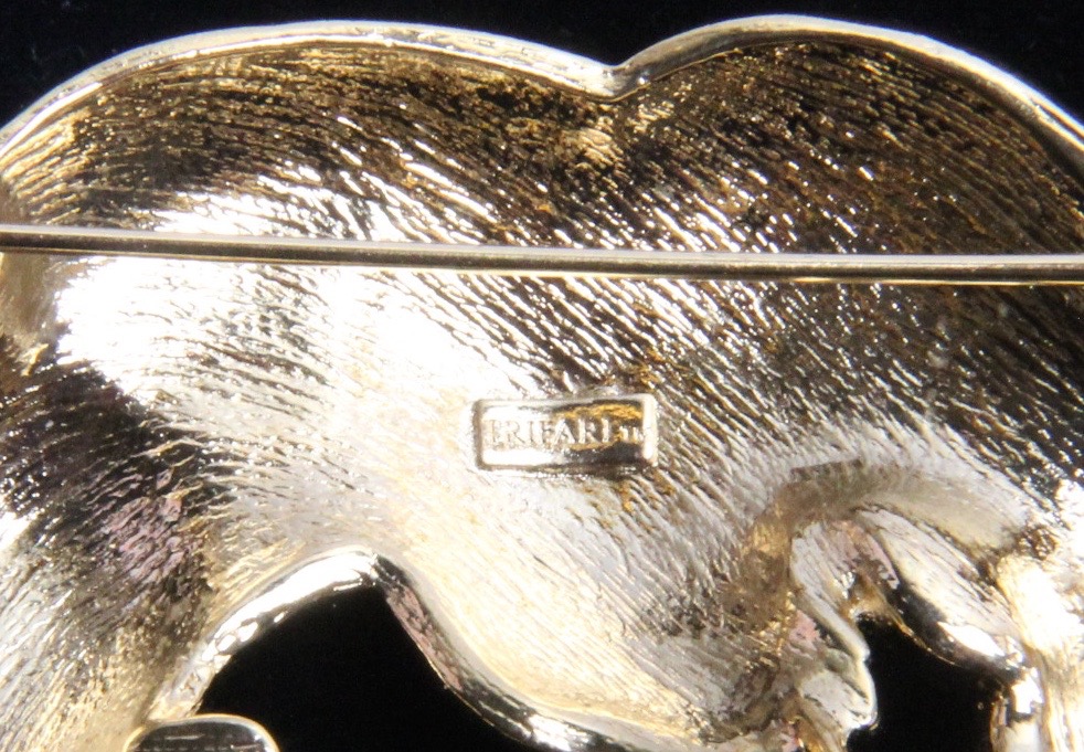 Trifari Black and Gold Tone Panther and Crescent Costume Brooches