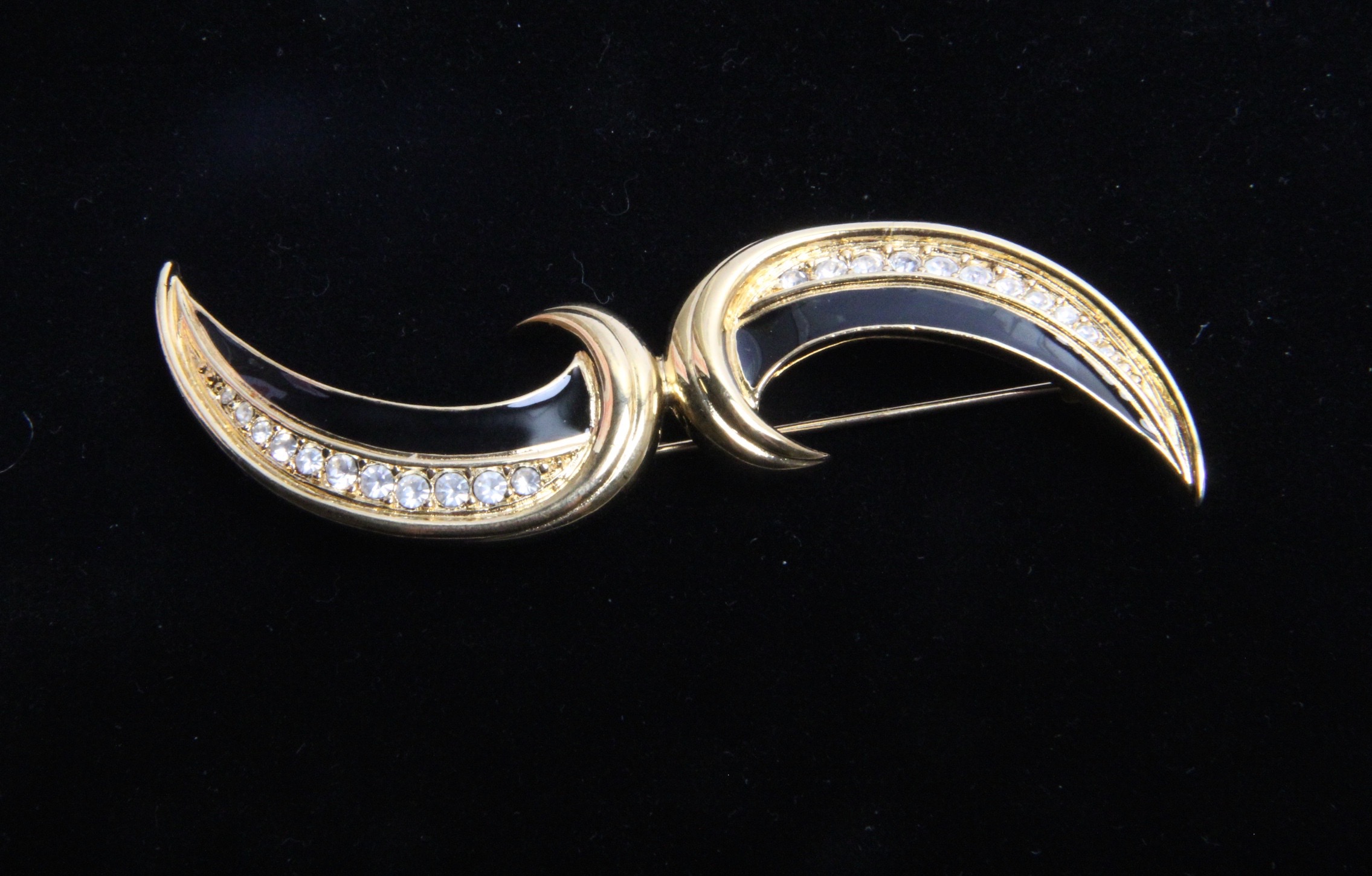 Trifari Black and Gold Tone Panther and Crescent Costume Brooches