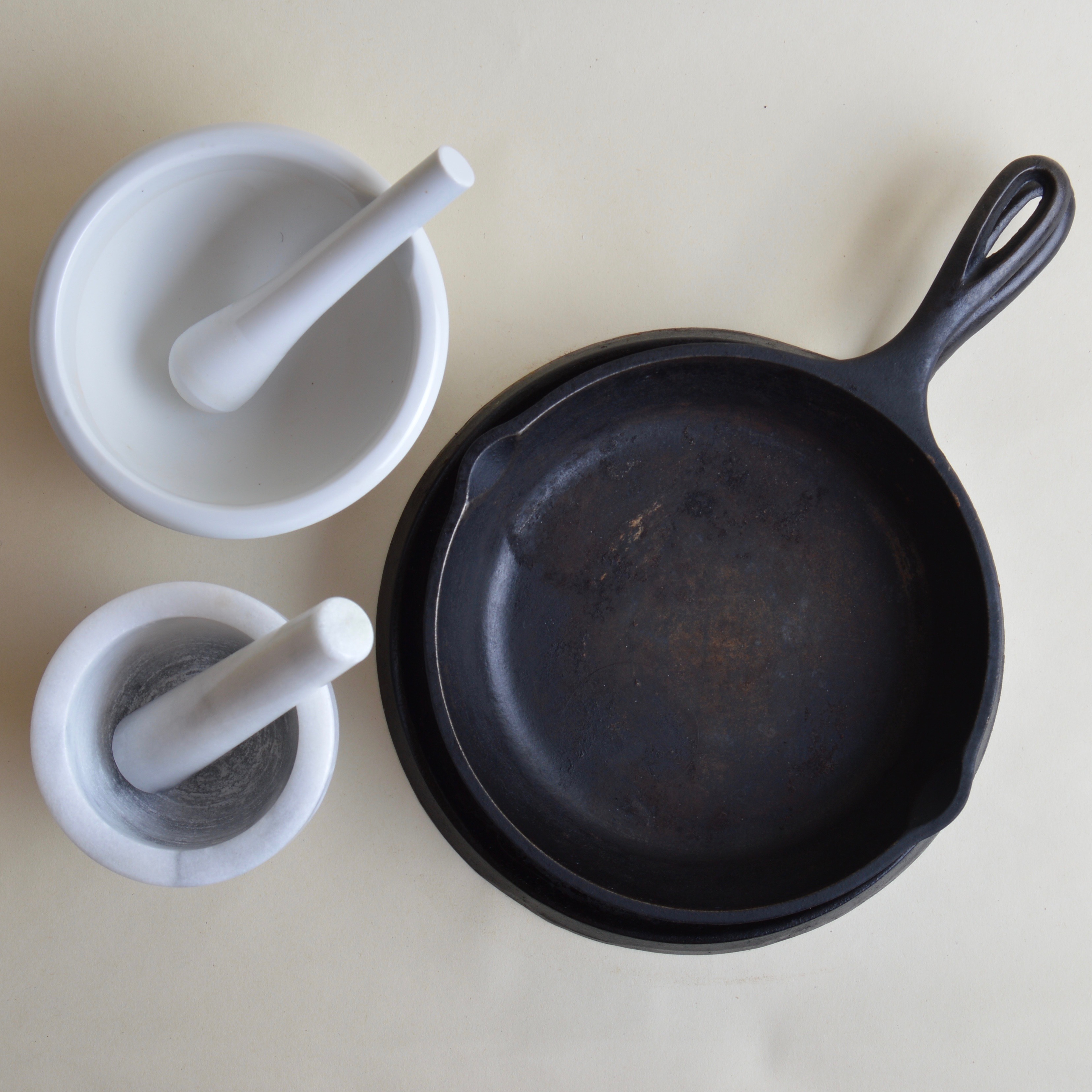 Griswold and Lodge Cast Iron Skillets with Two Mortar & Pestle