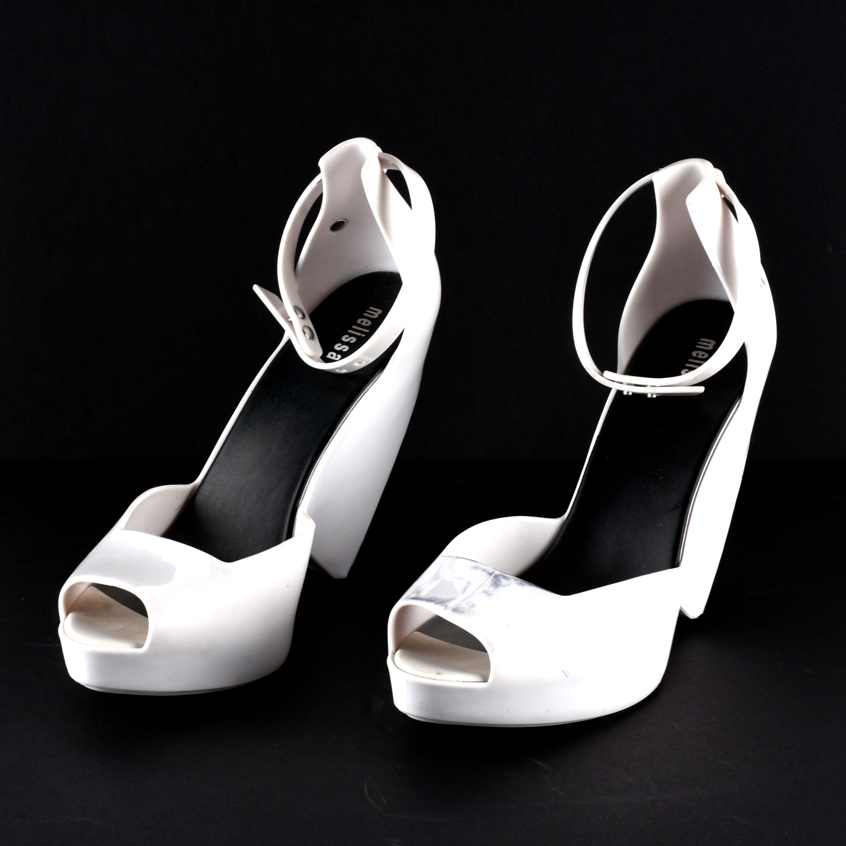 Pair of Melissa Black and White Peep Toe Rubber Banana Heels