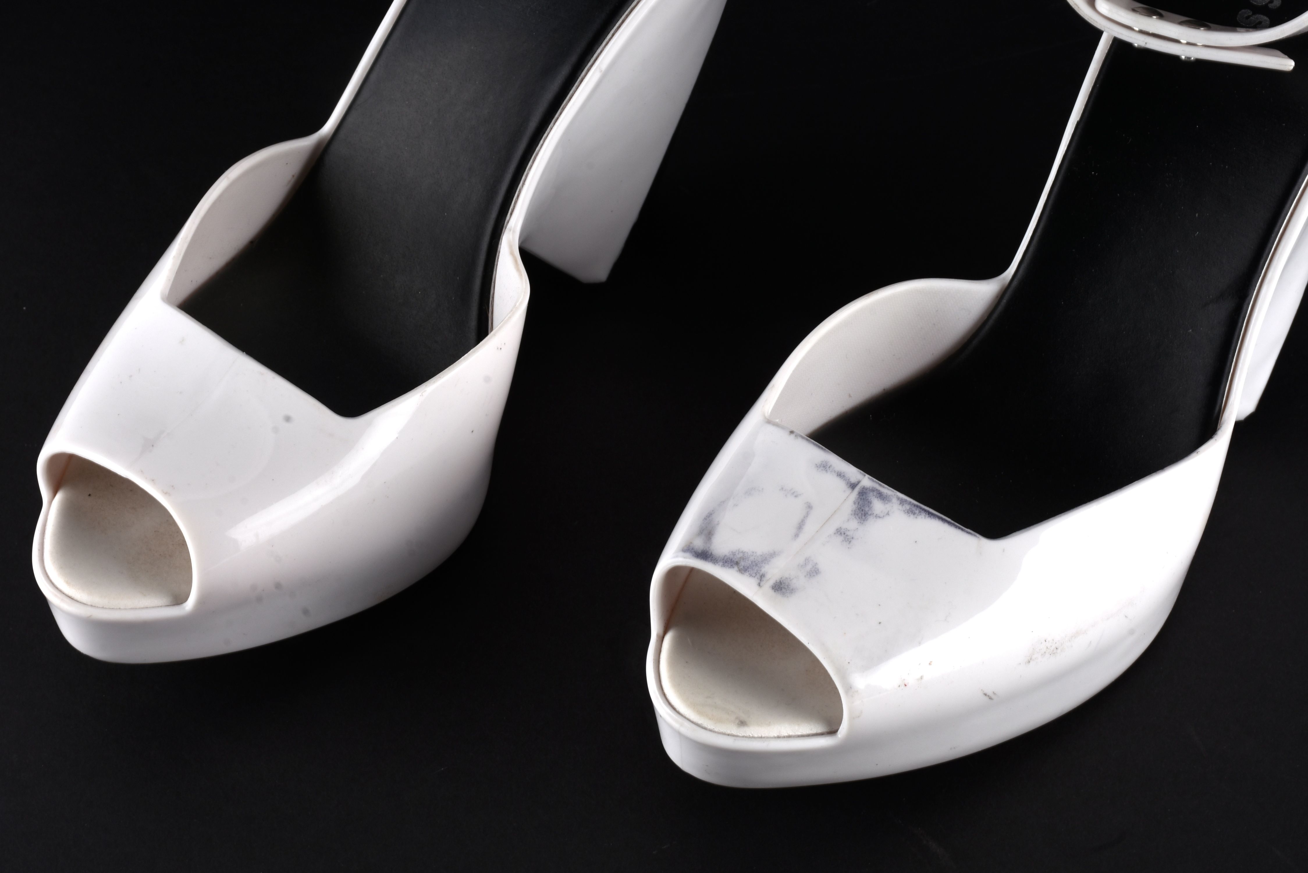Pair of Melissa Black and White Peep Toe Rubber Banana Heels