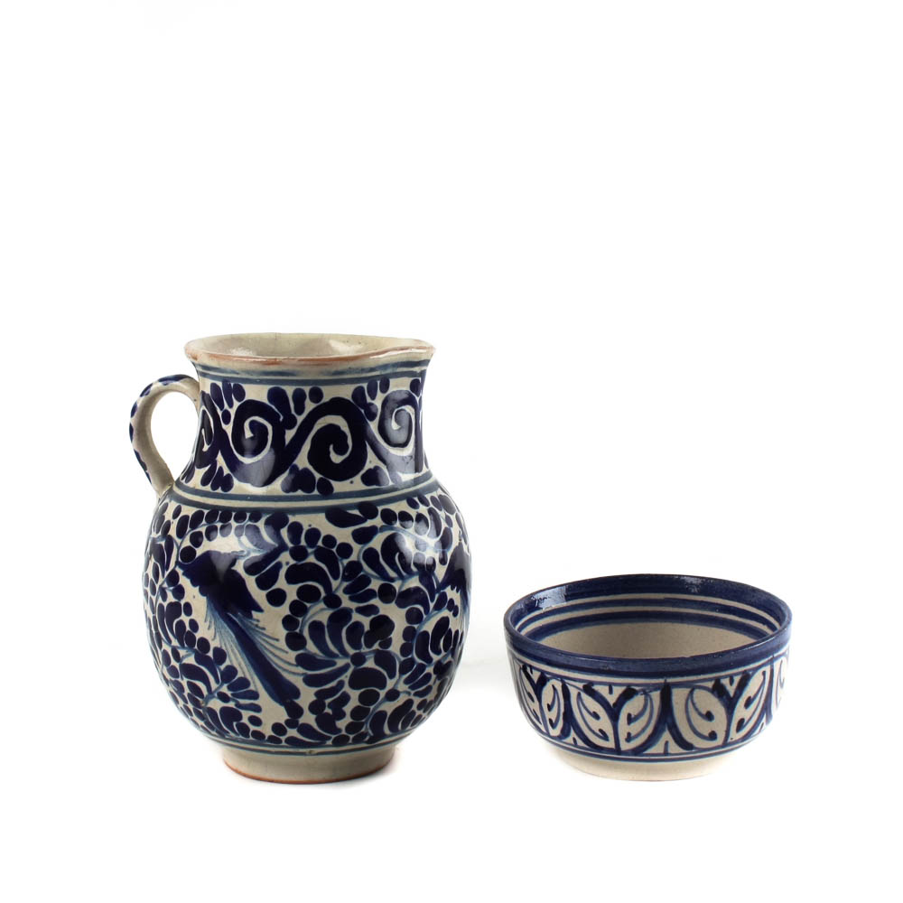 Blue and White Talavera Pitcher and Bowl