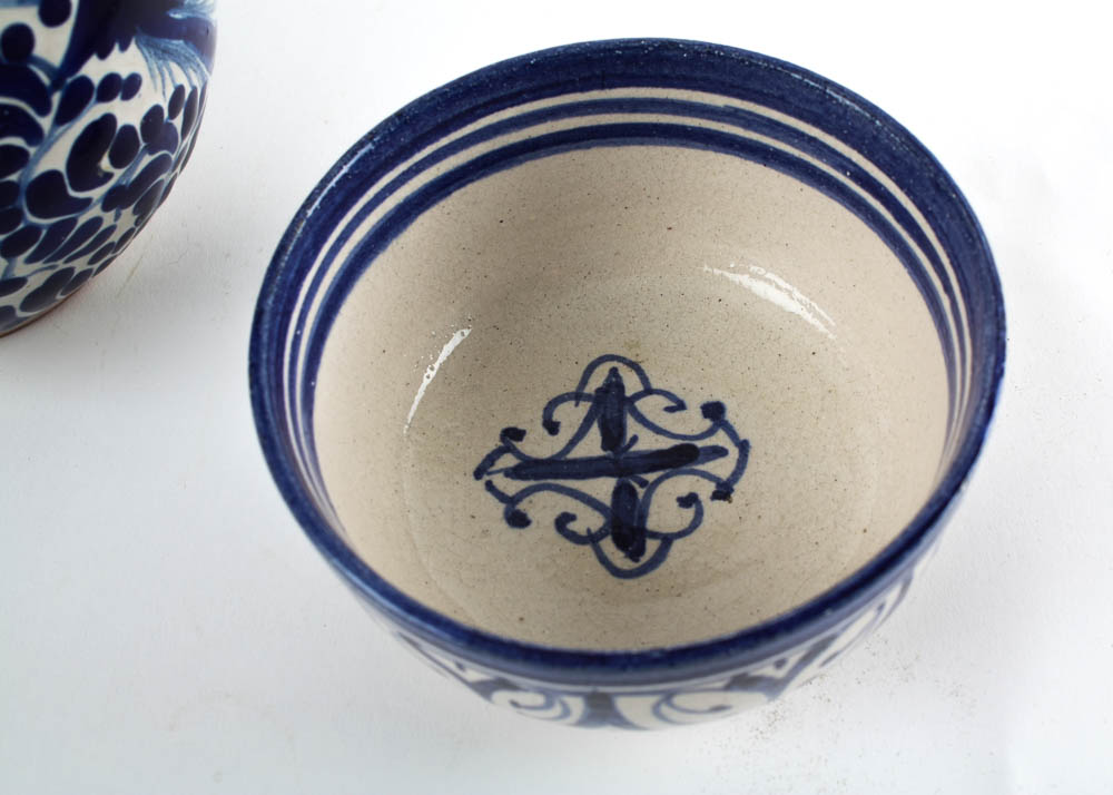 Blue and White Talavera Pitcher and Bowl