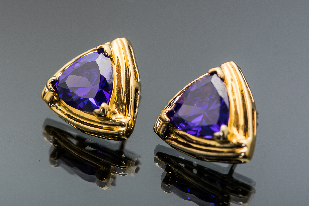 Gold-Plated Sterling Silver Triangle and Purple Stone Earrings