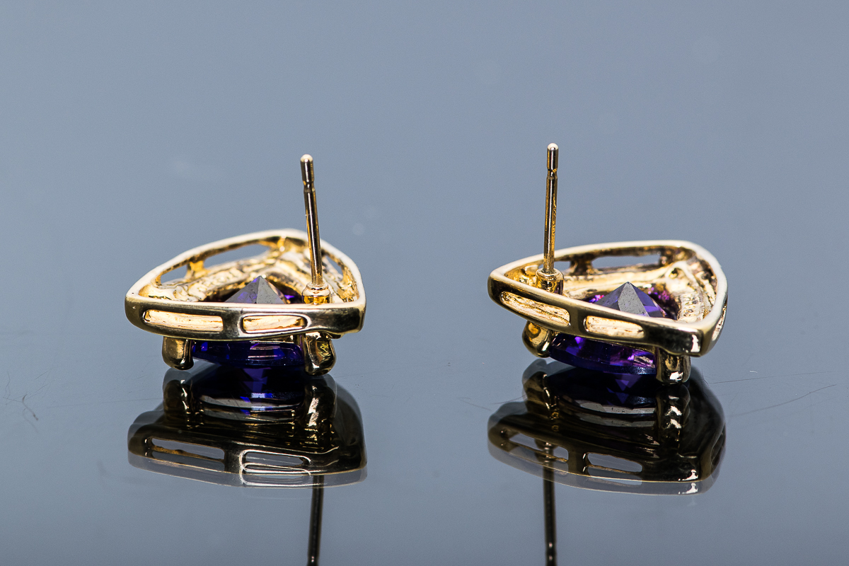 Gold-Plated Sterling Silver Triangle and Purple Stone Earrings