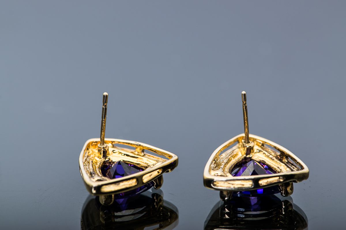 Gold-Plated Sterling Silver Triangle and Purple Stone Earrings