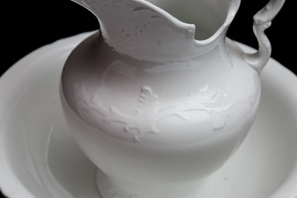 Vintage White China Water Basin and Pitcher