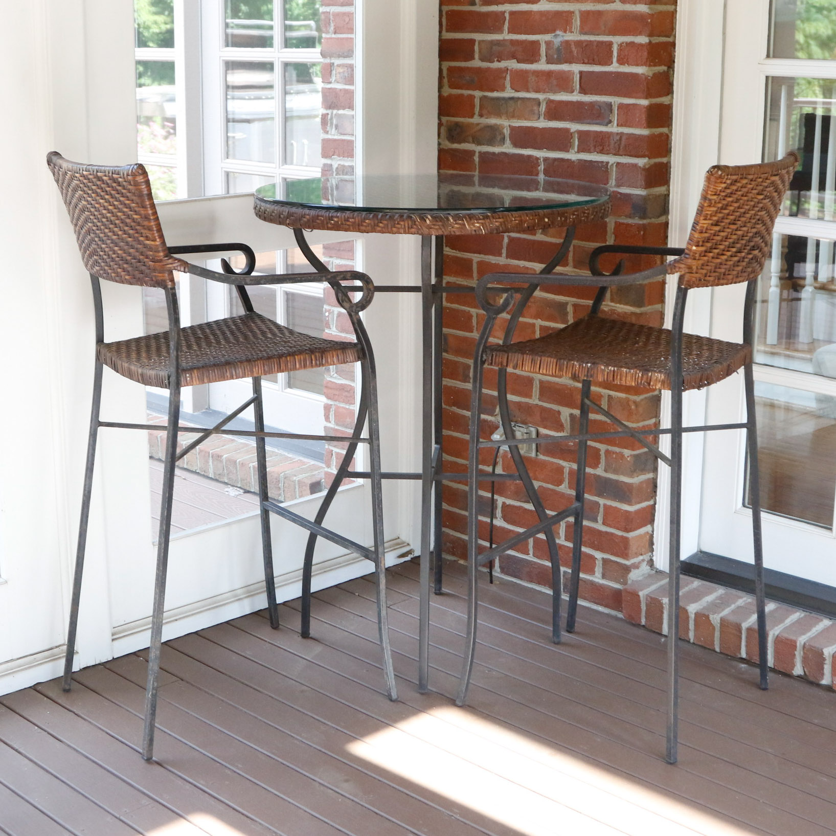 Wrought Iron, Glass, and Rattan Bistro Set