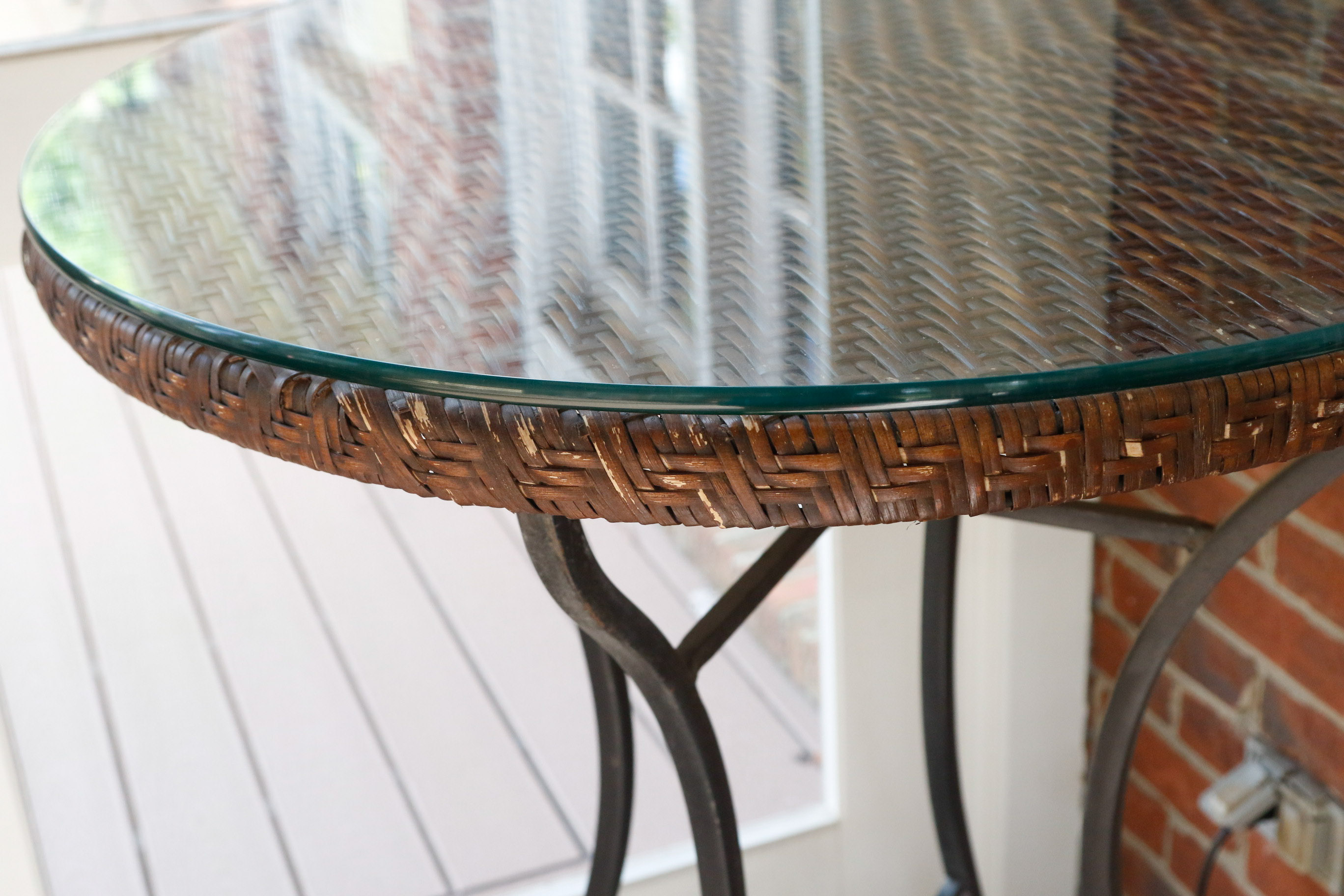 Wrought Iron, Glass, and Rattan Bistro Set